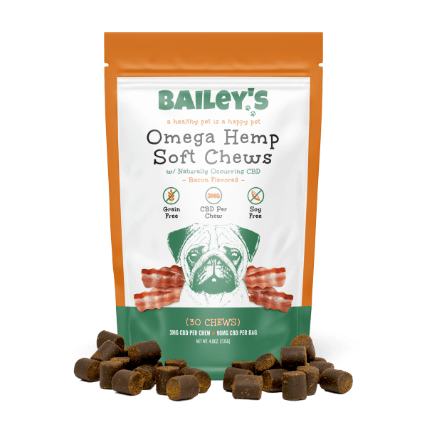 picture of Bailey's Pet bacon flavored full spectrum CBD pet chews in a bag