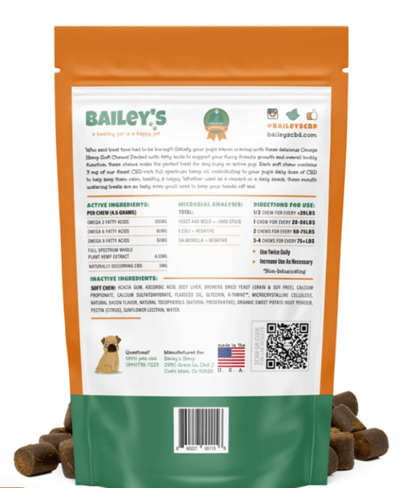 Bailey's Pet CBD Bacon Flavored Omega Hemp Soft Chews 3mg per treat, 30 per bag