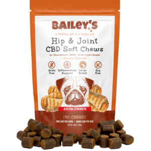picture of Bailey's Pet bacon flavored full spectrum extra strength hip and joint CBD pet chews in a bag