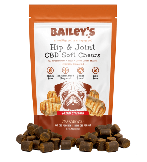 picture of Bailey's Pet bacon flavored full spectrum extra strength hip and joint CBD pet chews in a bag