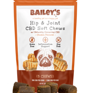 picture of Bailey's Pet bacon flavored full spectrum hip and joint CBD pet chews in a bag