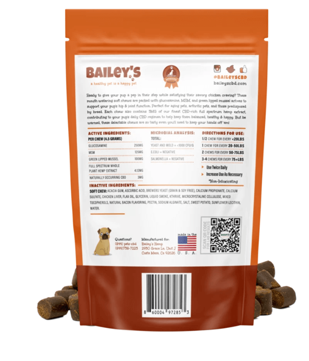 Bailey's Pet Hip & Joint CBD Soft Chews 3mg per treat, 30 per bag