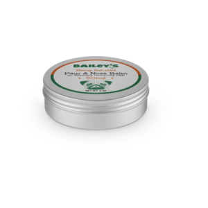 picture of Bailey's paw and nose 50mg cbd balm in round silver tin