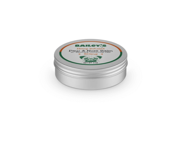 picture of Bailey's paw and nose 50mg cbd balm in round silver tin