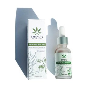 picture of greenlife organics 600mg broad spectrum strawberry cbd tincture bottle