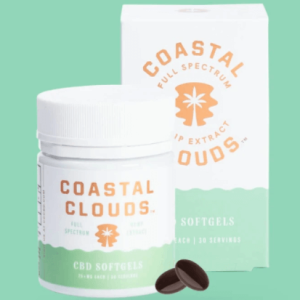 picture of coastal clouds CBD gel caps in green and white plastic bottle