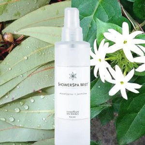 European Spa Souce Eucalyptus and Jasmine Scent Shower Spa Mist in clear pump spray bottle