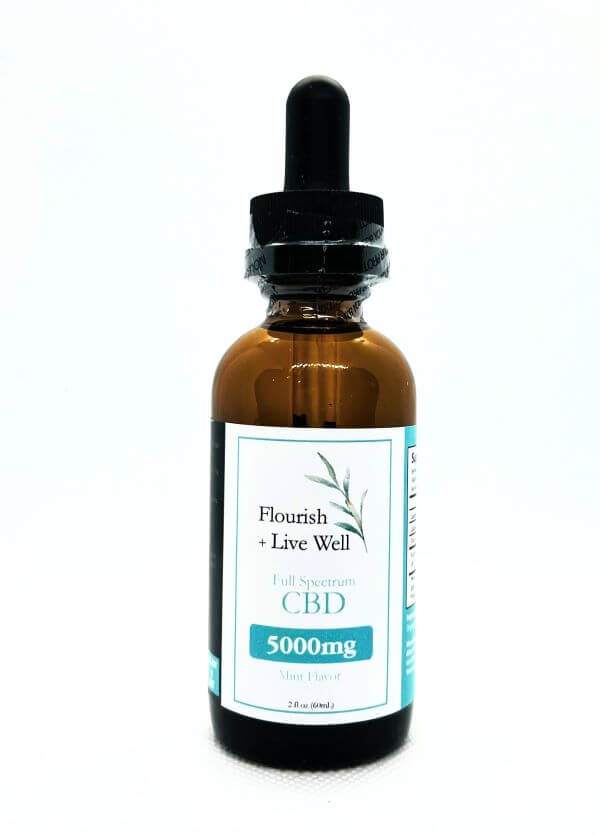Picture of a mint flavored 5000mg cbd tincture in a brown bottle