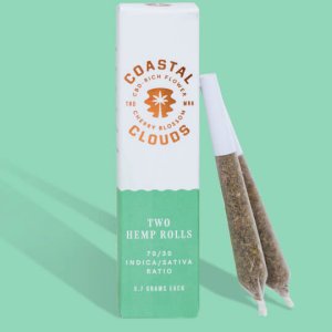 Picture of 2 Coastal Clouds CBD pre rolls leaning against box