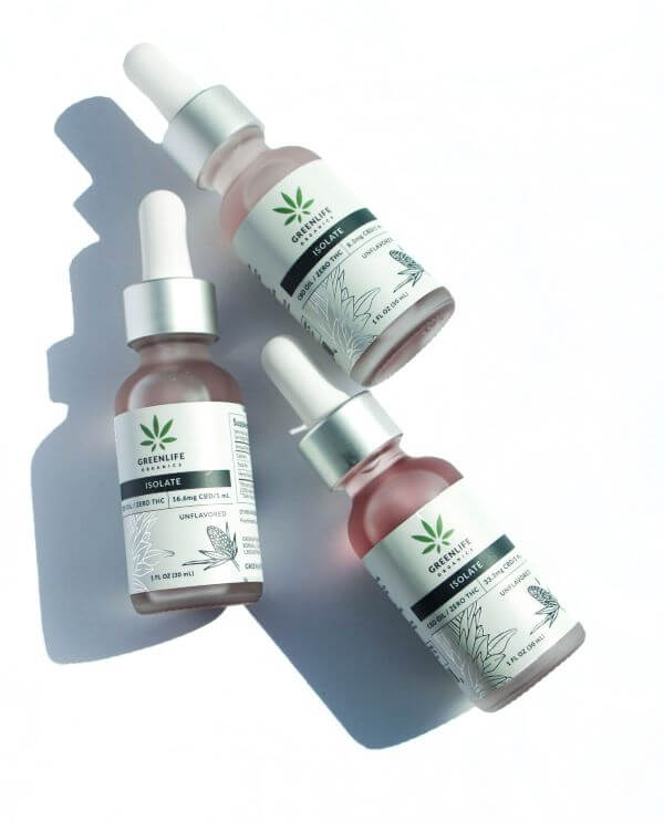 picture of 3 tincture bottles of greenlife organic isolate cbd