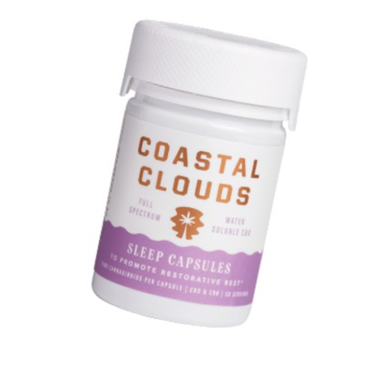 picture of coastal clouds full spectrum cbd sleep capsules in pink and white plastic jar