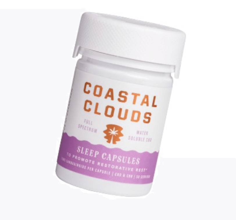 picture of coastal clouds full spectrum cbd sleep capsules in pink and white plastic jar