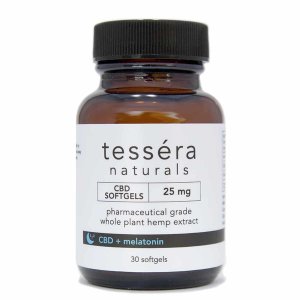 Picture of tessera Naturals Broad Spectrum CBD and Melatonin gel caps in white jar