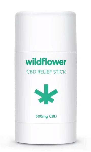 Wildflower 500 milligram CBD Relief Stick with peppermint in 2.5 ounce rub in white bottle